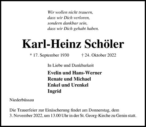 Traueranzeigen Von Karl Heinz Sch Ler Trauer Anzeigen De