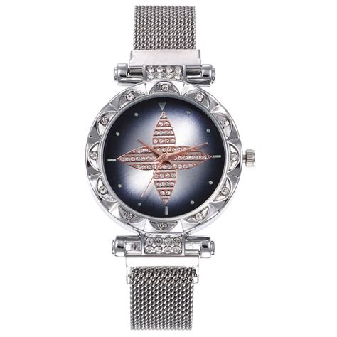 Reloj Diamantes Plata Extensible Metal Mesh Imán Flor R3463