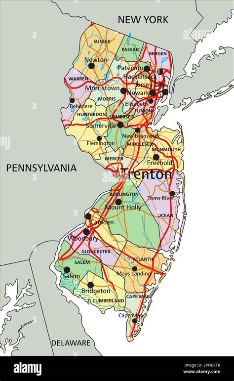 New Jersey Highly Detailed Editable Political Map With Labeling Stock