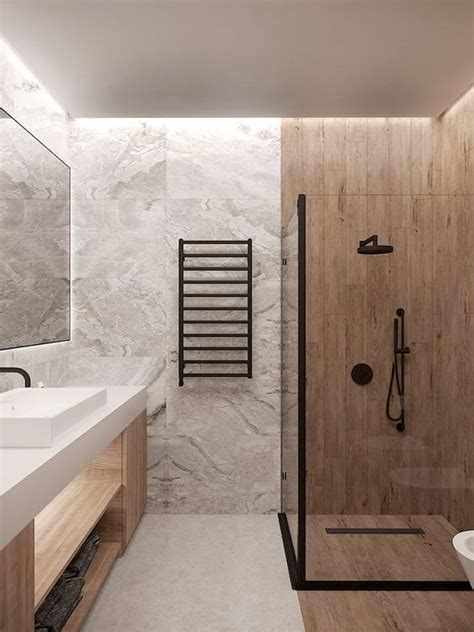 A Minimalist Bathroom Clad With Grey Marble Tiles A Wood Vanity And