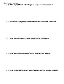 Martin Luther King Jr Reading Comprehension Passage Questions