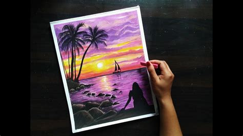 Alone Girl In Sunset Easy Sunset Seascape Beach Landscape Painting Tutorial For Beginners In