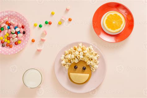 concept kid breakfast with pancake top view on white background ...