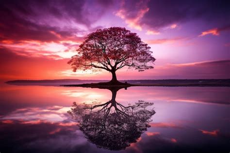 Premium AI Image | purple tree in sunset lake