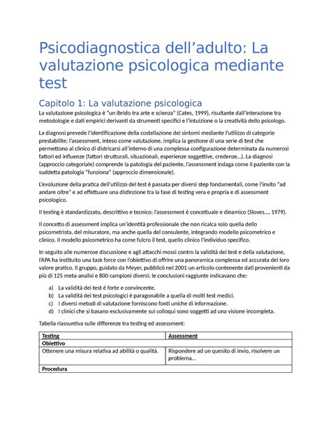 Riassunto La Valutazione Psicologica Mediante Test Abate