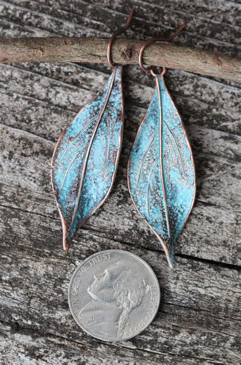 Turquoise Patina Copper Leaf Dangle Earrings Boho Aged Copper Etsy