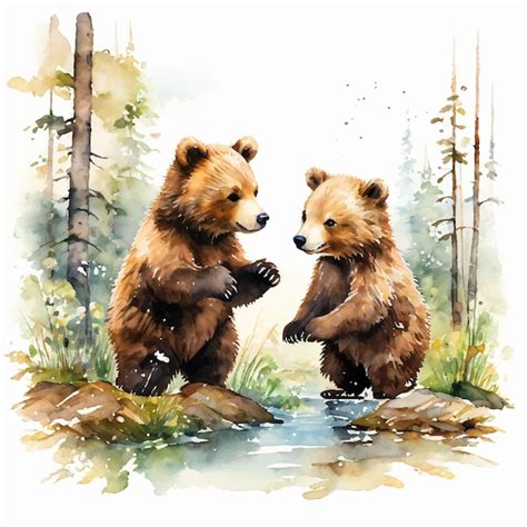 A Watercolor Painting Of Two Bears In The Woods Premium Ai Generated