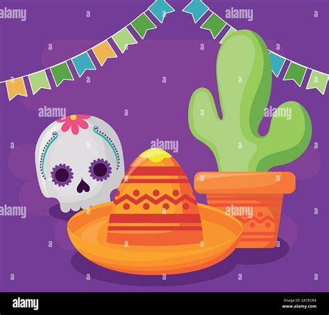 Viva Mexico Celebration With Skull Death And Hat Vector Illustration