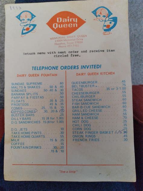 Houston Dairy Queen menu, 1973 : r/VintageMenus