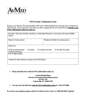 Fillable Online Avmed Npi Provider Notification Form Avmed Avmed