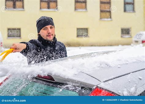 Man Cleans His Car From The Snow Stock Image Image Of Adult Routine