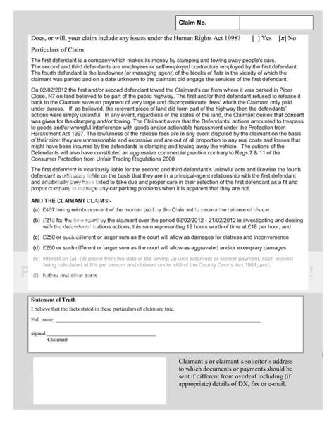 Claim Form Claim Form And Particulars Of Claim