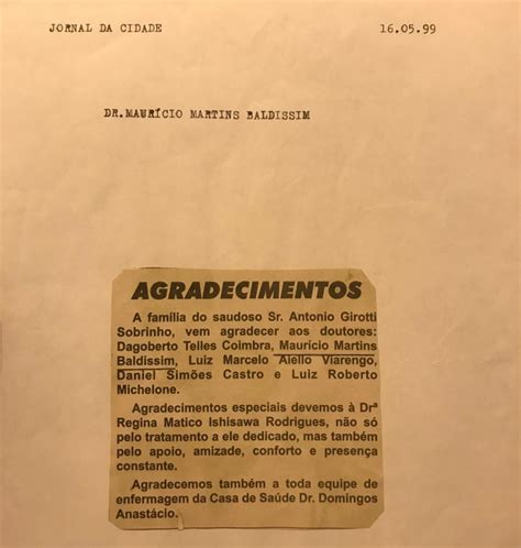 Agradecimento público dos familiares do paciente Antonio Girotti