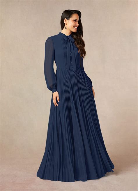 Azazie Adellah Dark Navy A Line Pleated Chiffon Dress Azazie