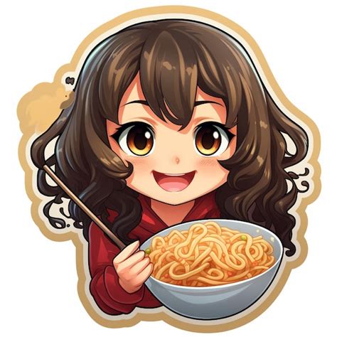 Premium Photo Sticker Of Cute Kawaii Girl Eating Ramen