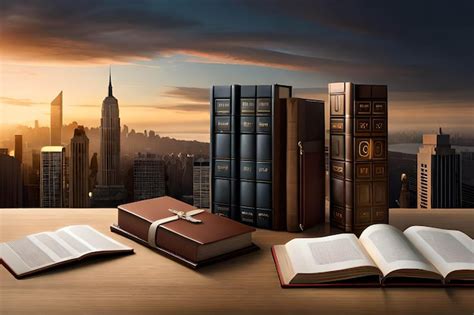 Premium AI Image | A desk with books and a city skyline in the background