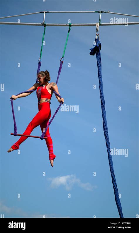 Female Trapeze Artist Performing At The Edinburgh Fringe Festival Stock