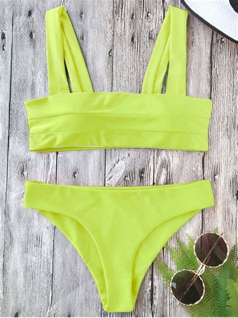 HOT 2018 Padded Wide Straps Bandeau Bikini Set In NEON YELLOW M ZAFUL