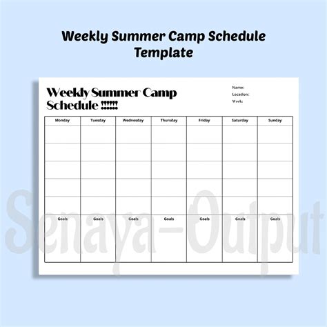 Weekly Summer Camp Schedule Template, Task Planner, Activity Planner