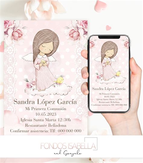 Invitación Primera Comunión Imprimible Niña Angelita Rosa Pajarito