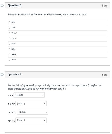 Solved Question 8 1 Pts Select The Boolean Values From The