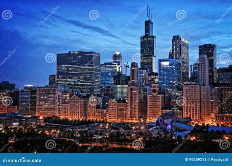 Chicago Lakefront Skyline Cityscape At Night By Millenium Park W