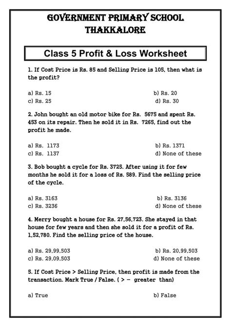 Profit And Loss Activity Money Math Math Fact Worksheets Money Math