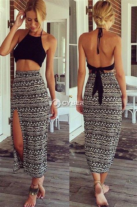 Women 2 Piece Set Sleeveless Dress Halter Backless Crop Top Long Maxi