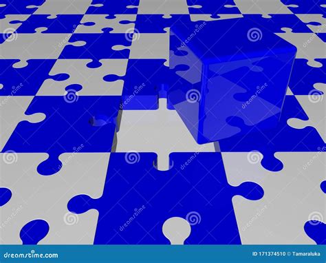 Blue cube on puzzle pieces stock illustration. Illustration of isolated - 171374510