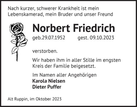 Traueranzeigen Von Norbert Friedrich M Rkische Onlinezeitung Trauerportal