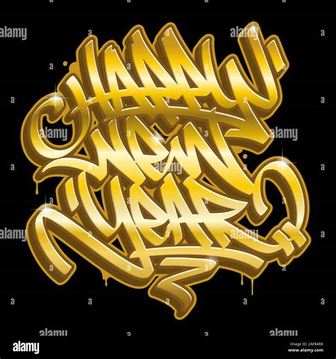 Happy New Year Card In Graffiti Style In Gold Colors Isolated On Black