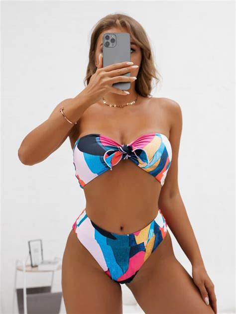 Shein Swim Vcay Colorful Bikini Set Knot Front Bandeau Top High Cut