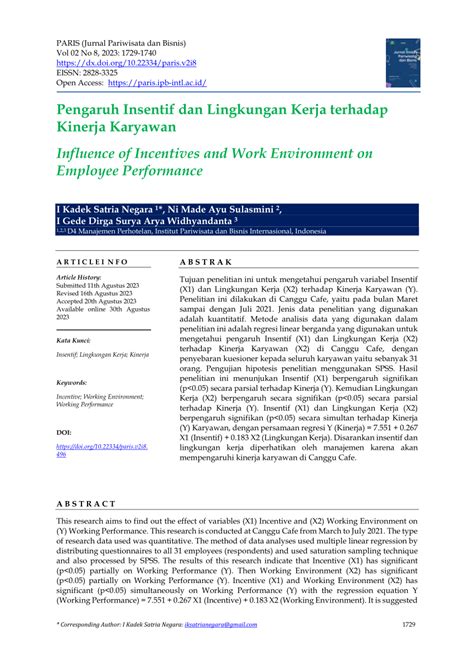 Pdf Pengaruh Insentif Dan Lingkungan Kerja Terhadap Kinerja Karyawan