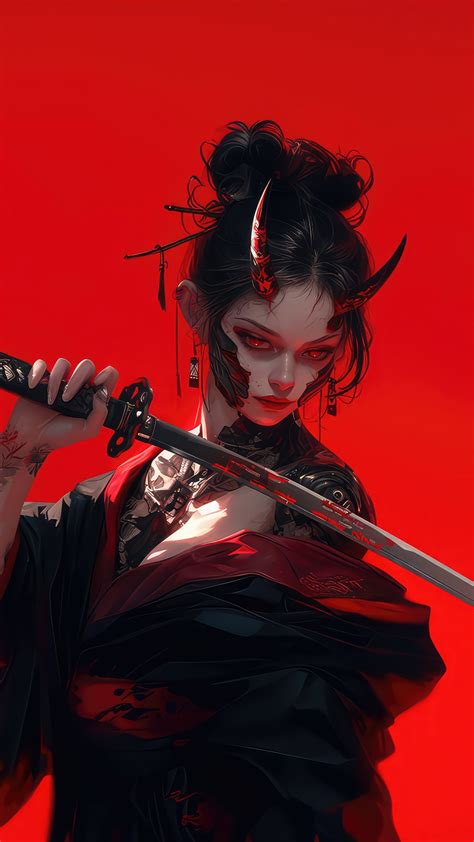 6772b Anime Girl Demon Horn Katana 4K Wallpaper PC Desktop