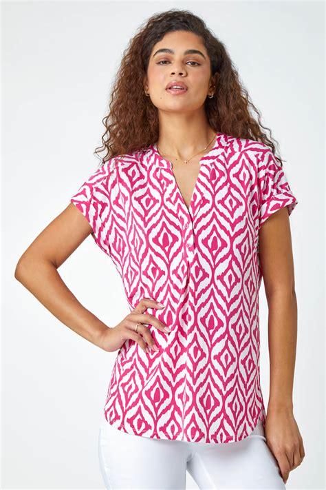 Fuchsia Aztec Print Overshirt Stretch Top Roman Uk