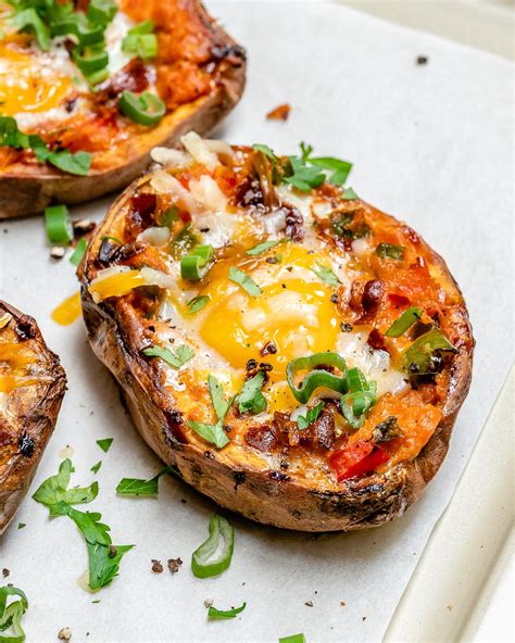 Twice Baked Stuffed Sweet Potatoes With Bacon And Eggs For Clean Eats