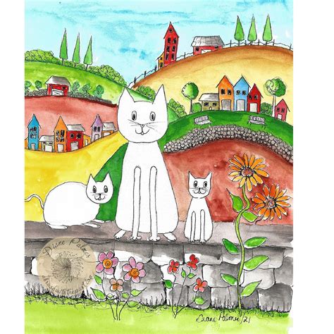 Naive Art Cat Folk Art Original Watercolour Painting Whimsical