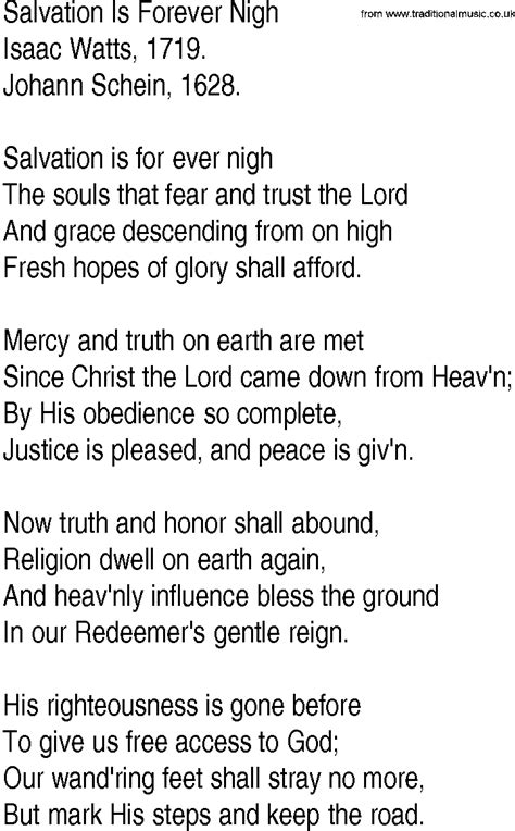 Hymn and Gospel Song Lyrics for Salvation Is Forever Nigh by Isaac Watts