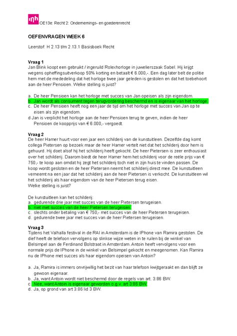 Oefenvragen Week 6 Recht 2 2021 2022 Oefenvragen Week 6 Leerstof H 2