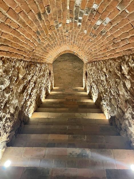 Escalera al sótano con techo abovedado de ladrillo arqueado Foto Premium