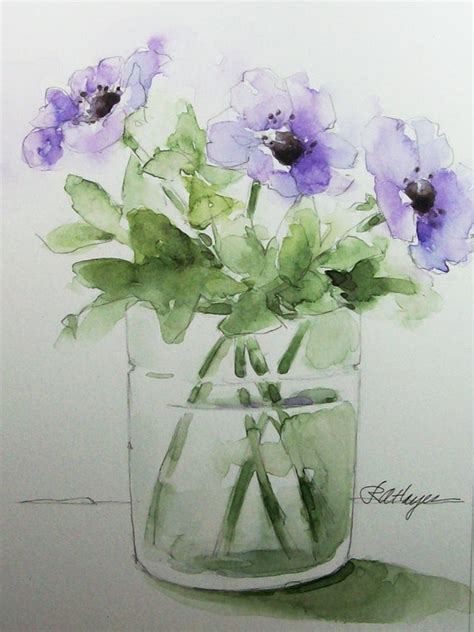 Purple Flowers In Glass Vase Original Watercolor Painting