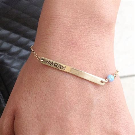 Personalized Bar Bracelet Gold Bar Bracelet And Opal Bead Etsy