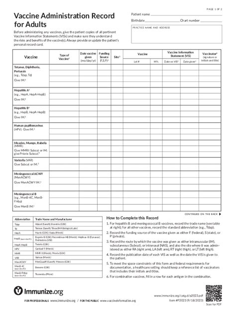 Vaccine Administration Record For Adults PAG E 1 0 Form Fill Out And