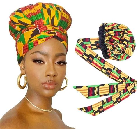 African Print Satin Bonnet With Long Ribbon Wrap Double Layer Headwrap