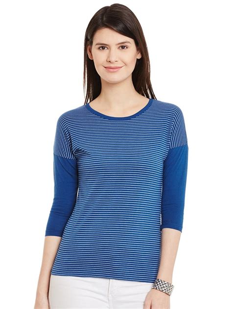 Buy HYPERNATION Blue And White Stripe Cotton Blend T Shirt For Women