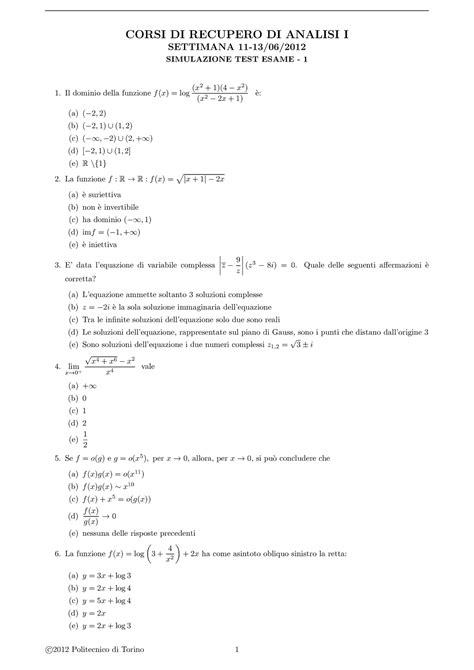 Simul Test Corsi Di Recupero Di Analisi I Settimana