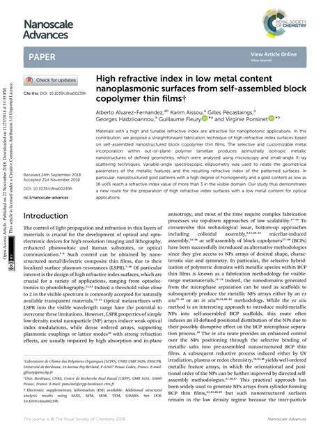 Pdf High Refractive Index In Low Metal Content Nanoplasmonic Surfaces