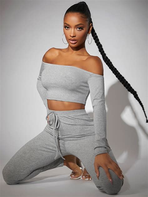 Shein Sxy Off Shoulder Rib Knit Crop Top And Knot Waist Leggings Set