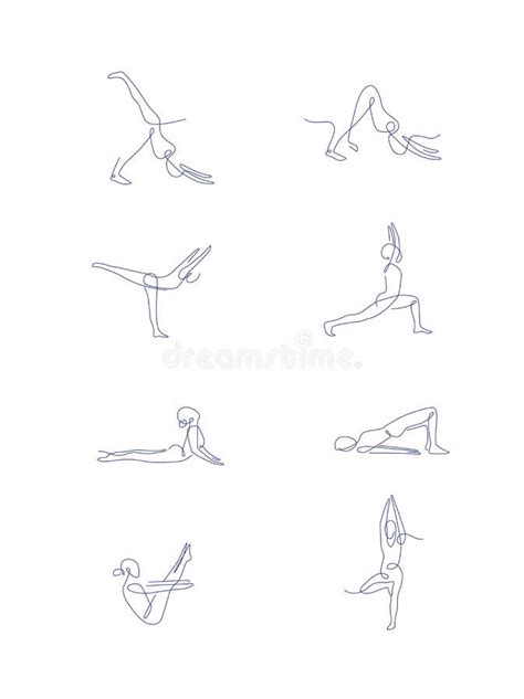 Pilates Line Art Poses Set Outline Vector Illustration One Line Yoga