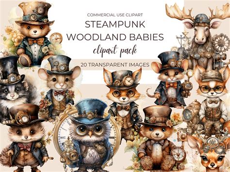 Steampunk Woodland Babies Clipart Woodland Animals Watercolor Clipart